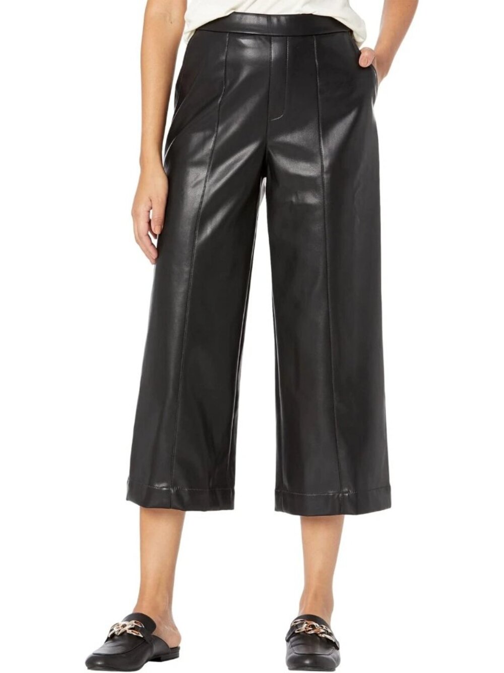 NWT BCBG Black Faux Leather Wide-Leg Crop Pants Size 2